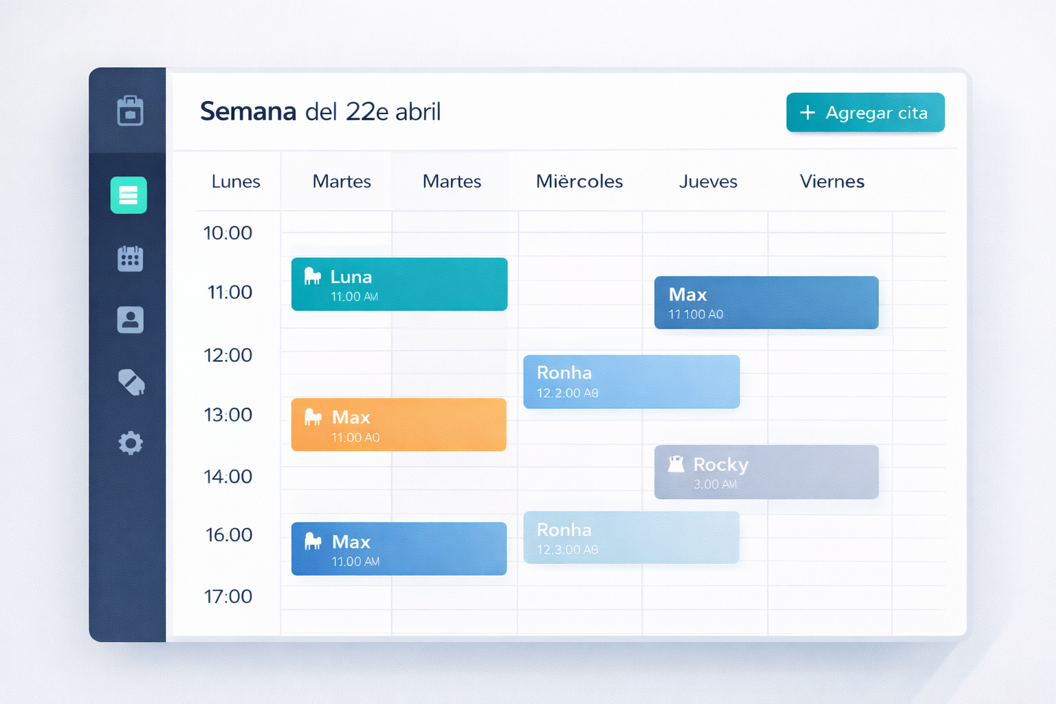 Vista de calendario semanal con citas veterinarias programadas